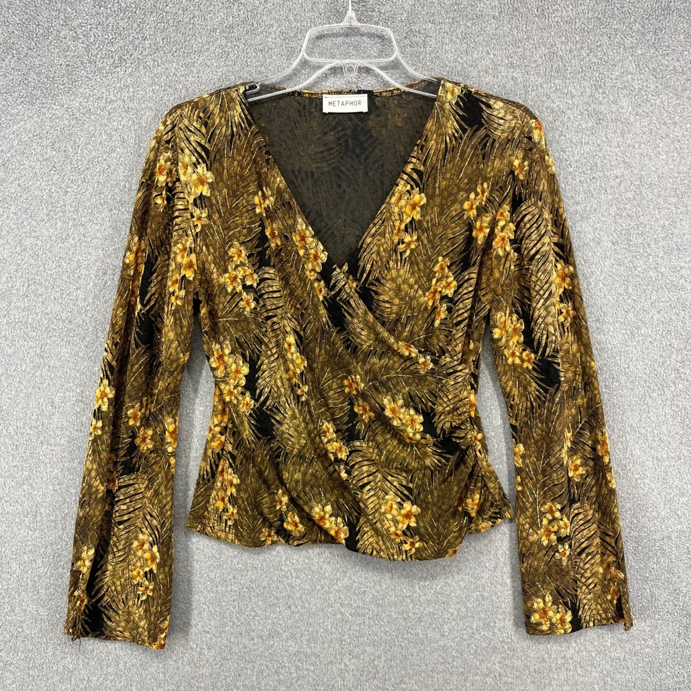 Vintage Metaphor Crop Top Women Small Gold Black Tropical Palm Metallic wrap